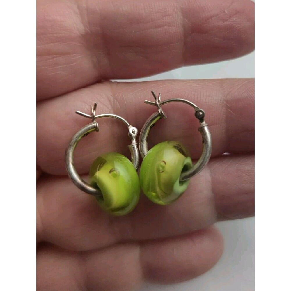 Vintage 925 Sterling Silver & Green Glass Removable Bead Hoop Earrings